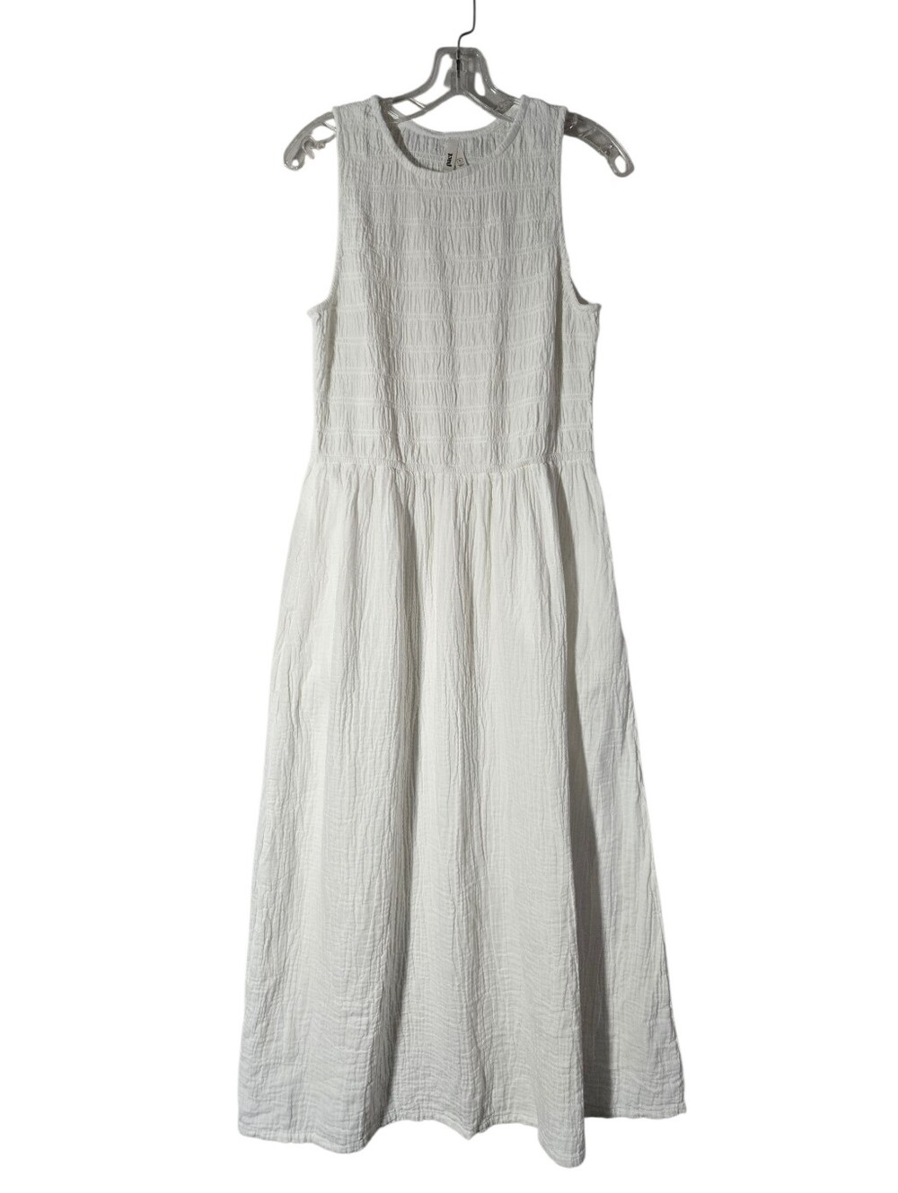 Pact Organic Cotton Coastal Double Gauze Smocked Midi Dress White Pockets Medium